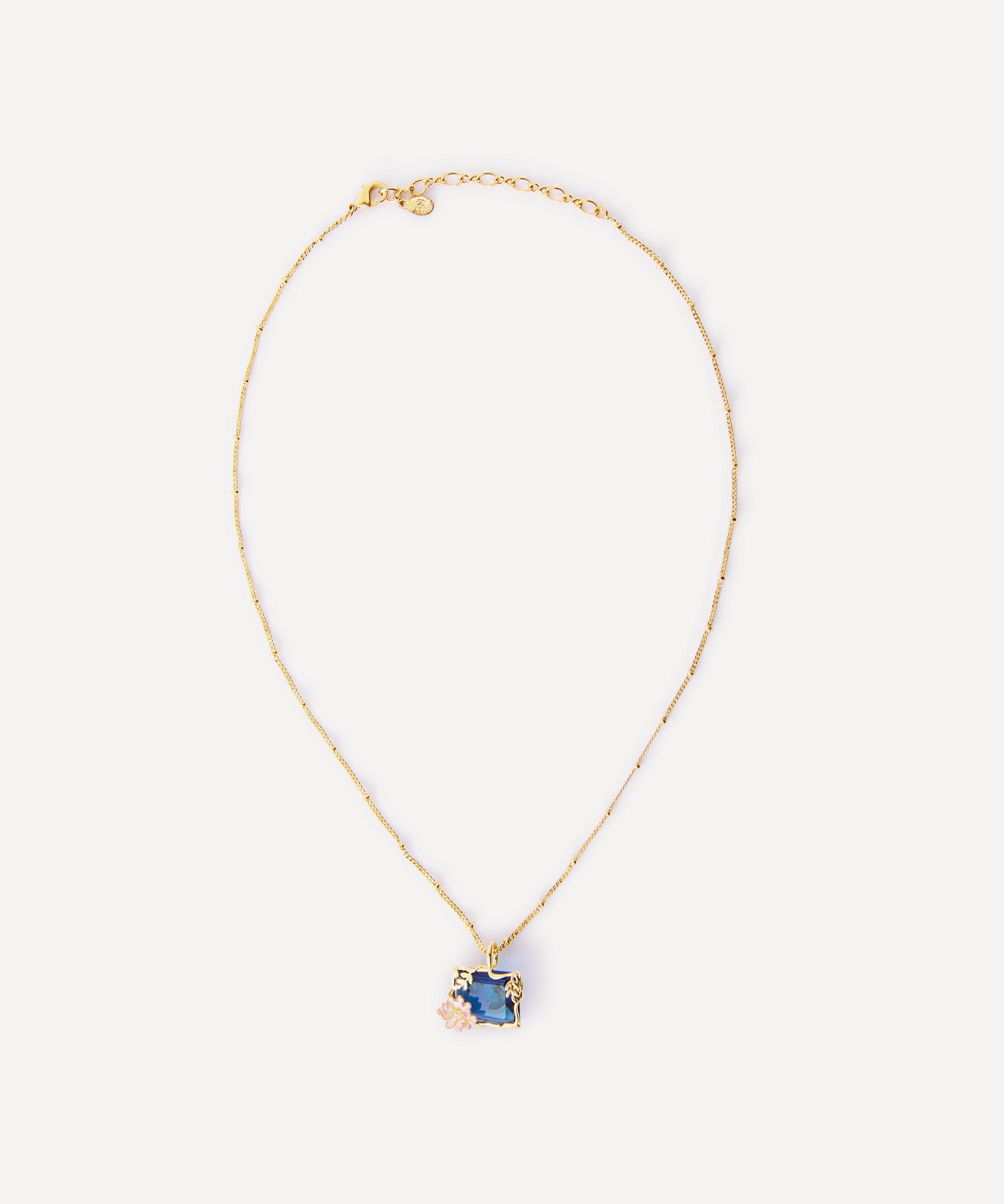Les N&eacute;r&eacute;ides - Gold-Tone Blue and Pink Water Lily Pendant Necklace image number 0