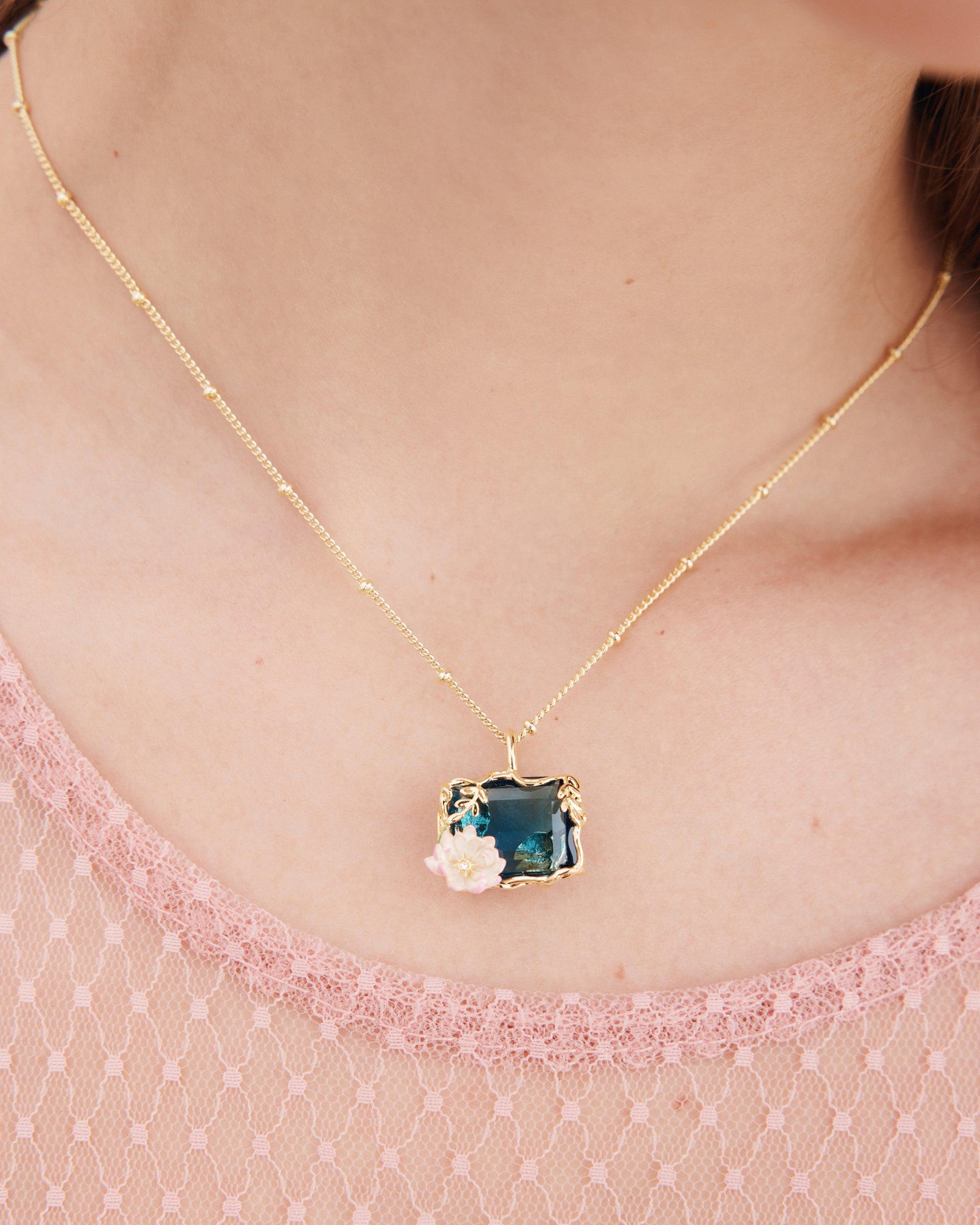 Les N&eacute;r&eacute;ides - Gold-Tone Blue and Pink Water Lily Pendant Necklace image number 1