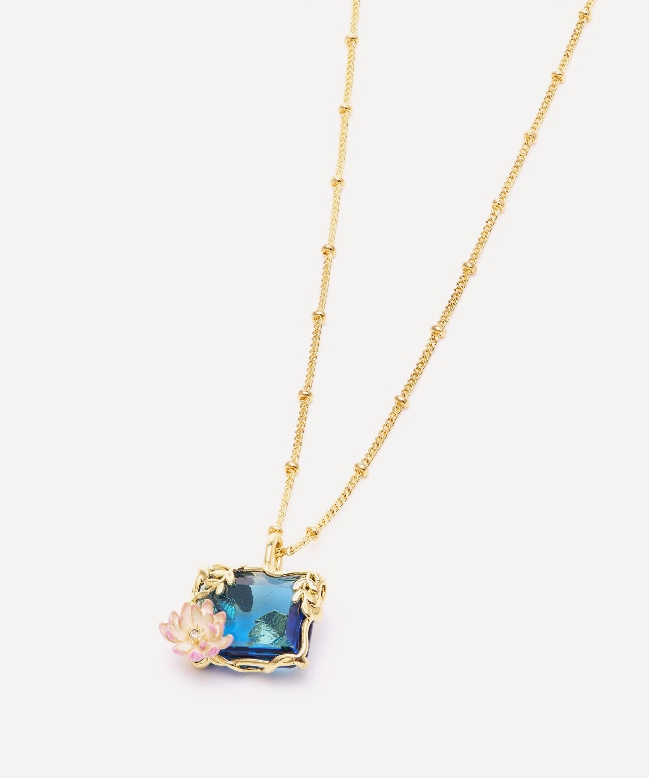 Les N&eacute;r&eacute;ides - Gold-Tone Blue and Pink Water Lily Pendant Necklace image number 3