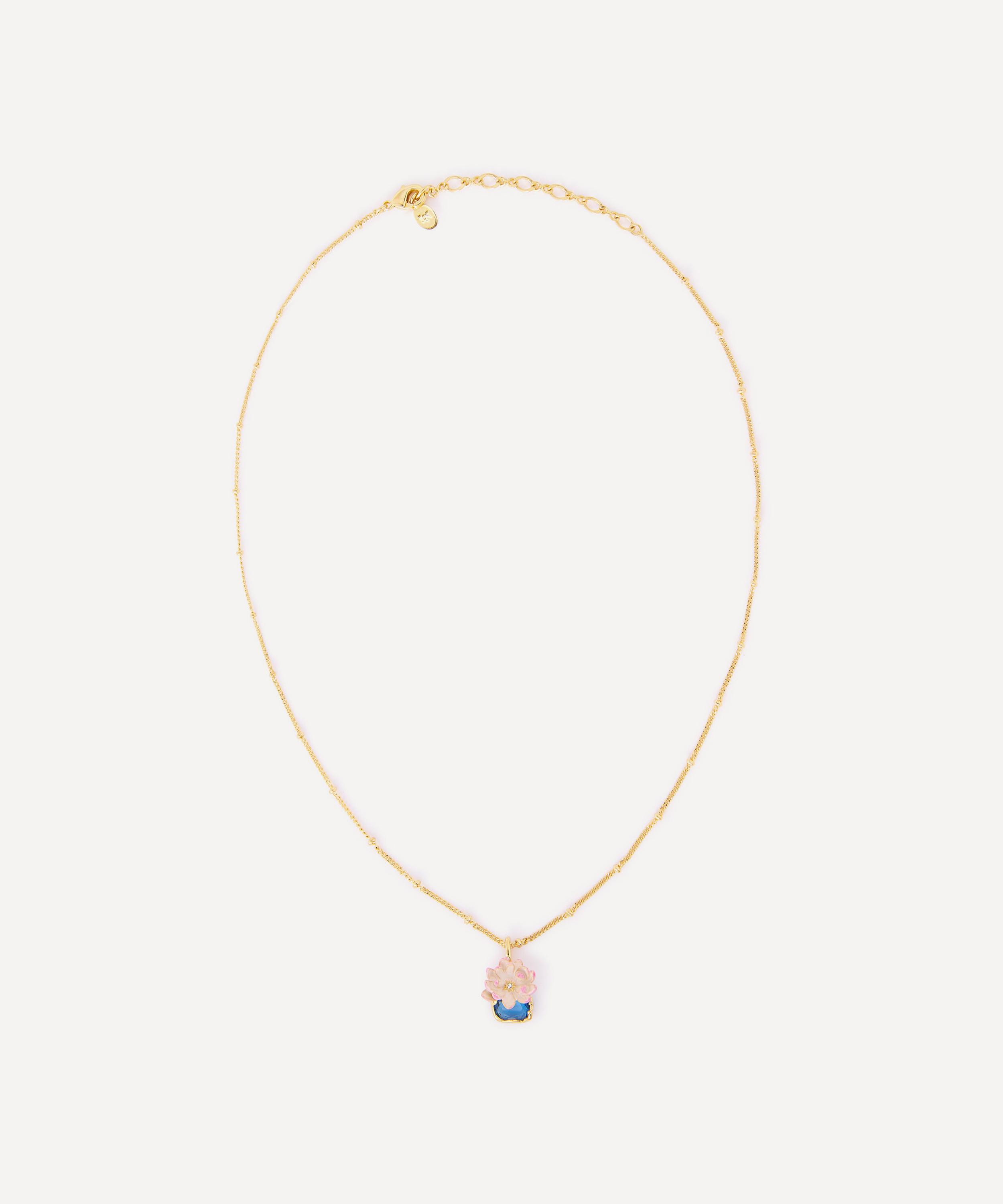 Les N&eacute;r&eacute;ides - Gold-Tone Pink Water Lily and Round Blue Stone Pendant Necklace image number 0