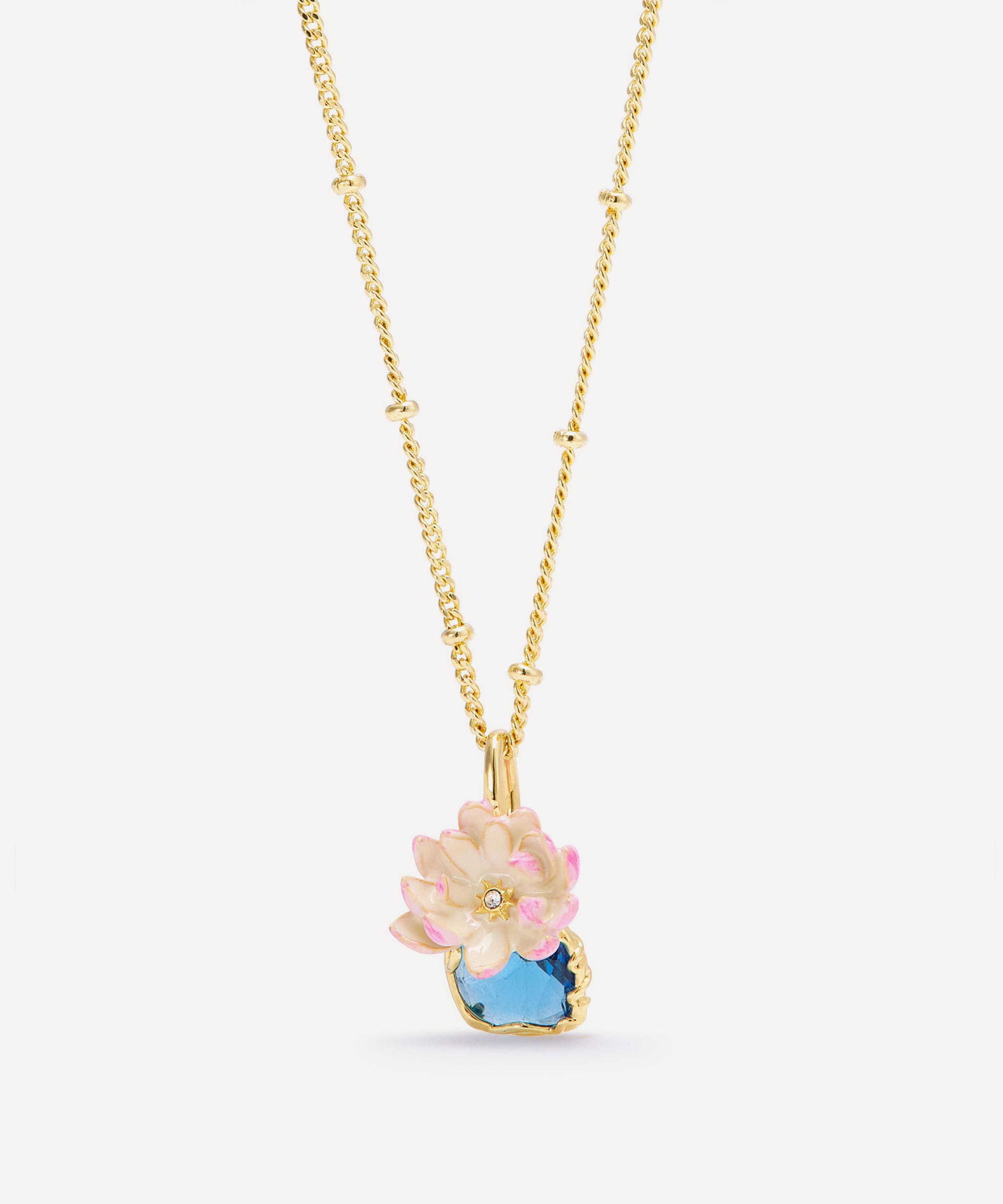 Les N&eacute;r&eacute;ides - Gold-Tone Pink Water Lily and Round Blue Stone Pendant Necklace image number 1