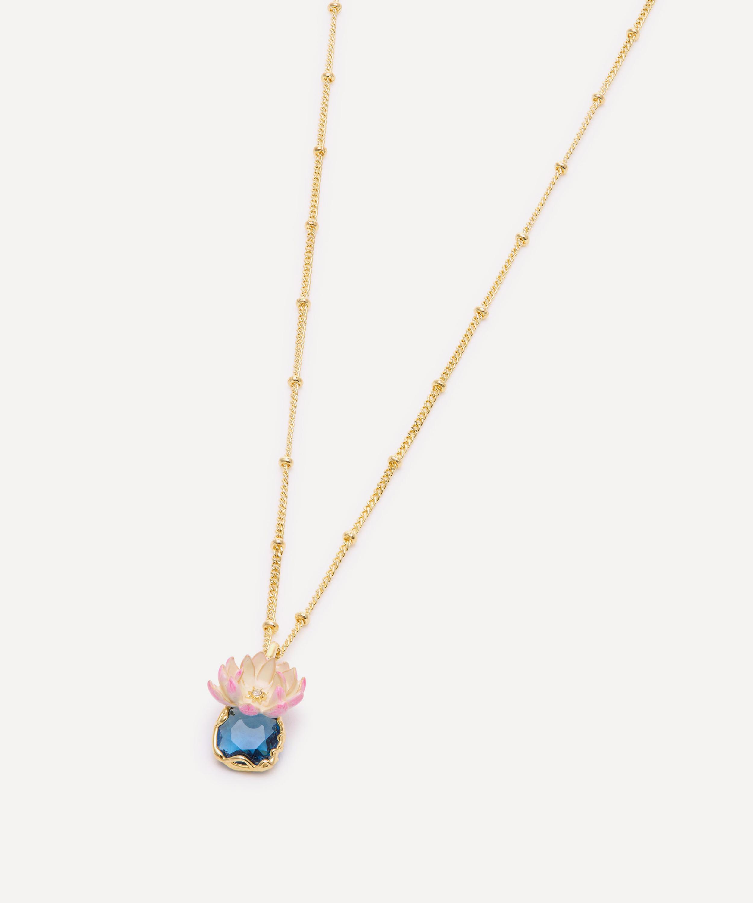 Les N&eacute;r&eacute;ides - Gold-Tone Pink Water Lily and Round Blue Stone Pendant Necklace image number 2