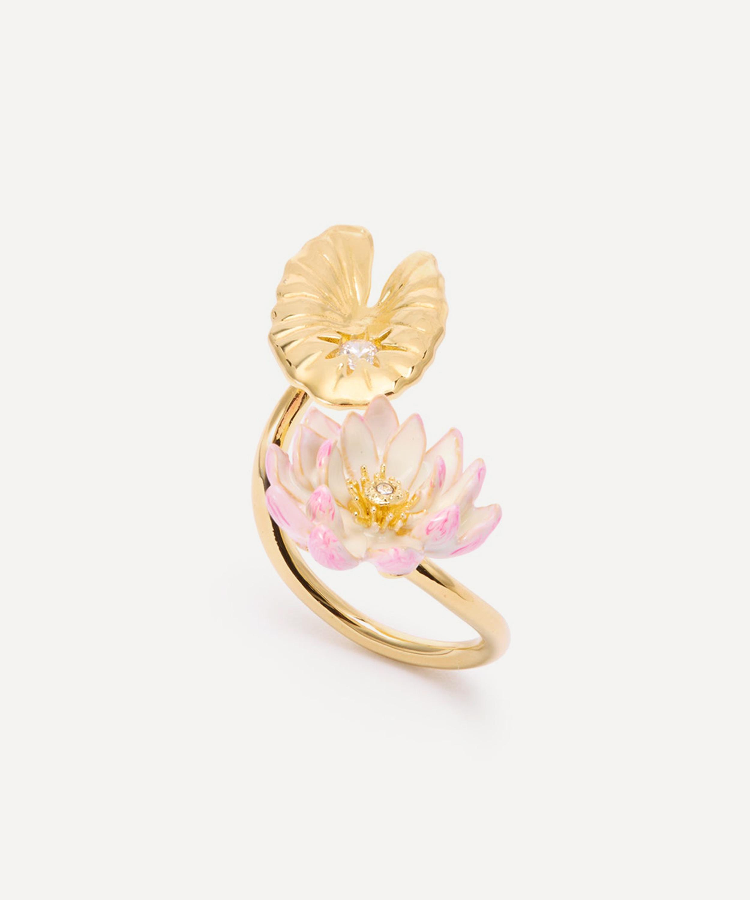 Les N&eacute;r&eacute;ides - Gold-Tone Lotus and Pink Water Lily Adjustable Ring image number 0