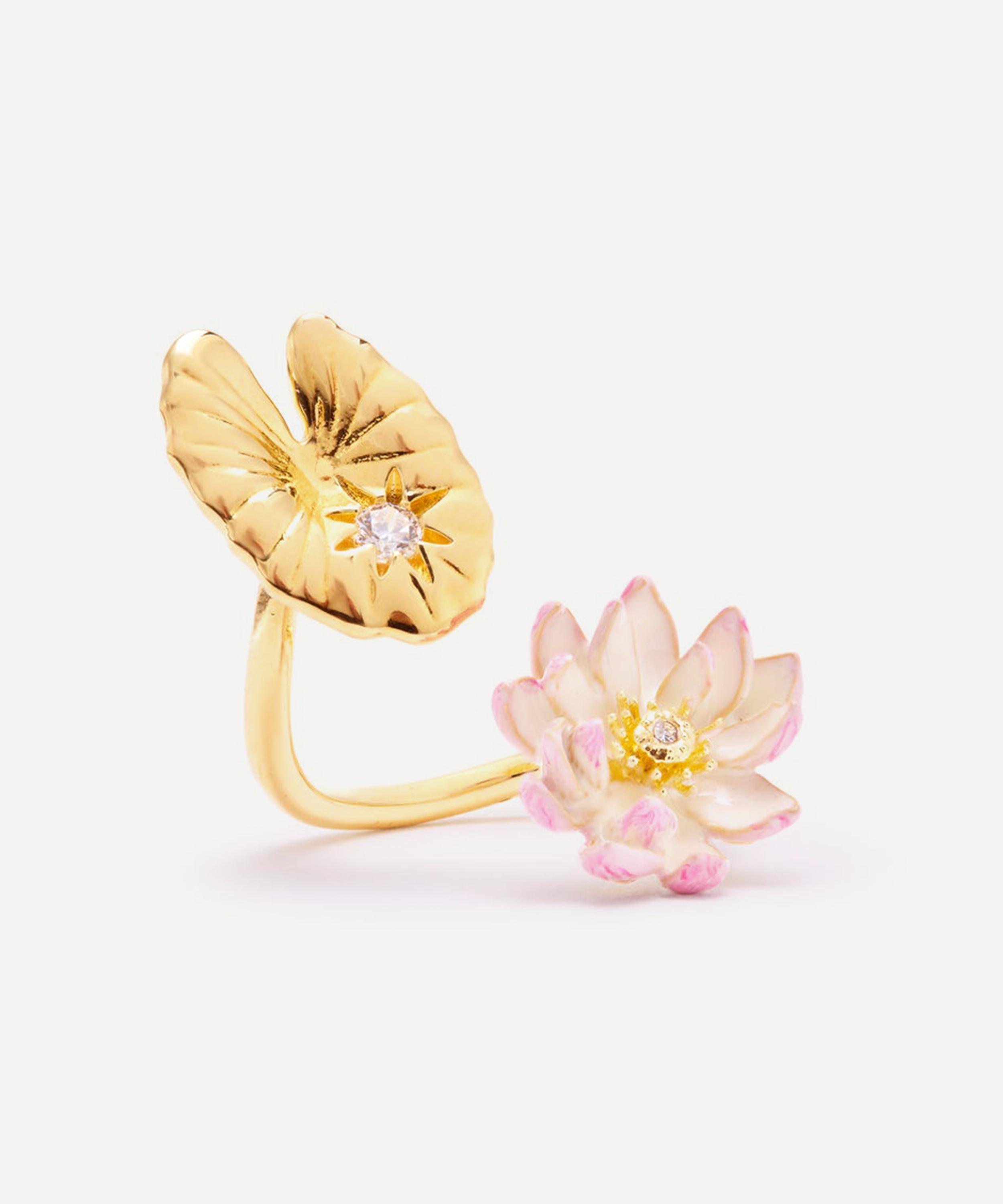 Les N&eacute;r&eacute;ides - Gold-Tone Lotus and Pink Water Lily Adjustable Ring image number 2