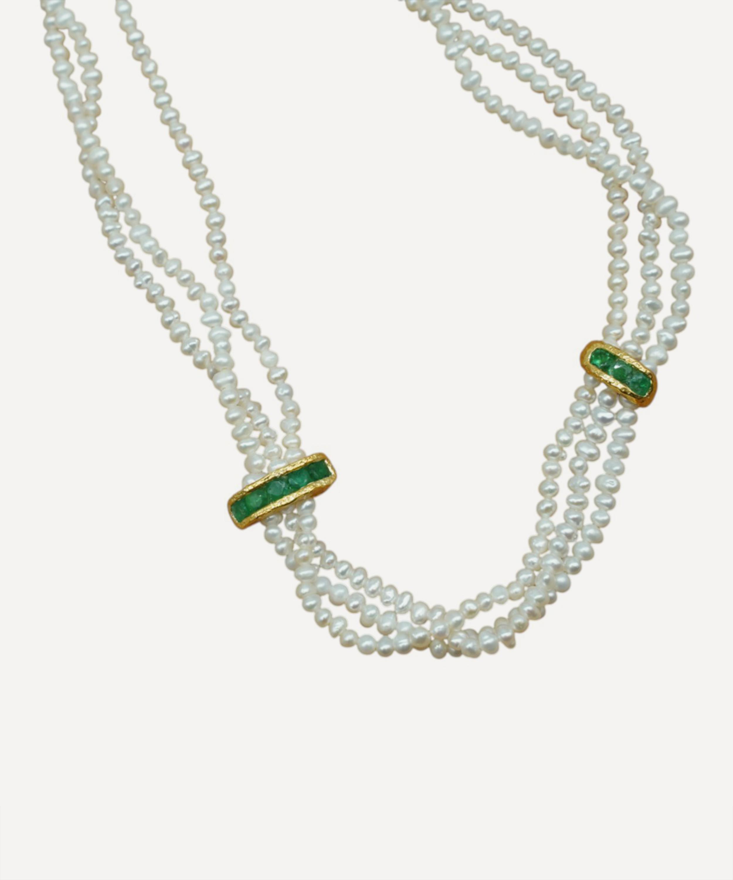 Pacharee - 18ct Gold-Plated Silver Prado Three Strand Pearl and Emerald Choker image number 0