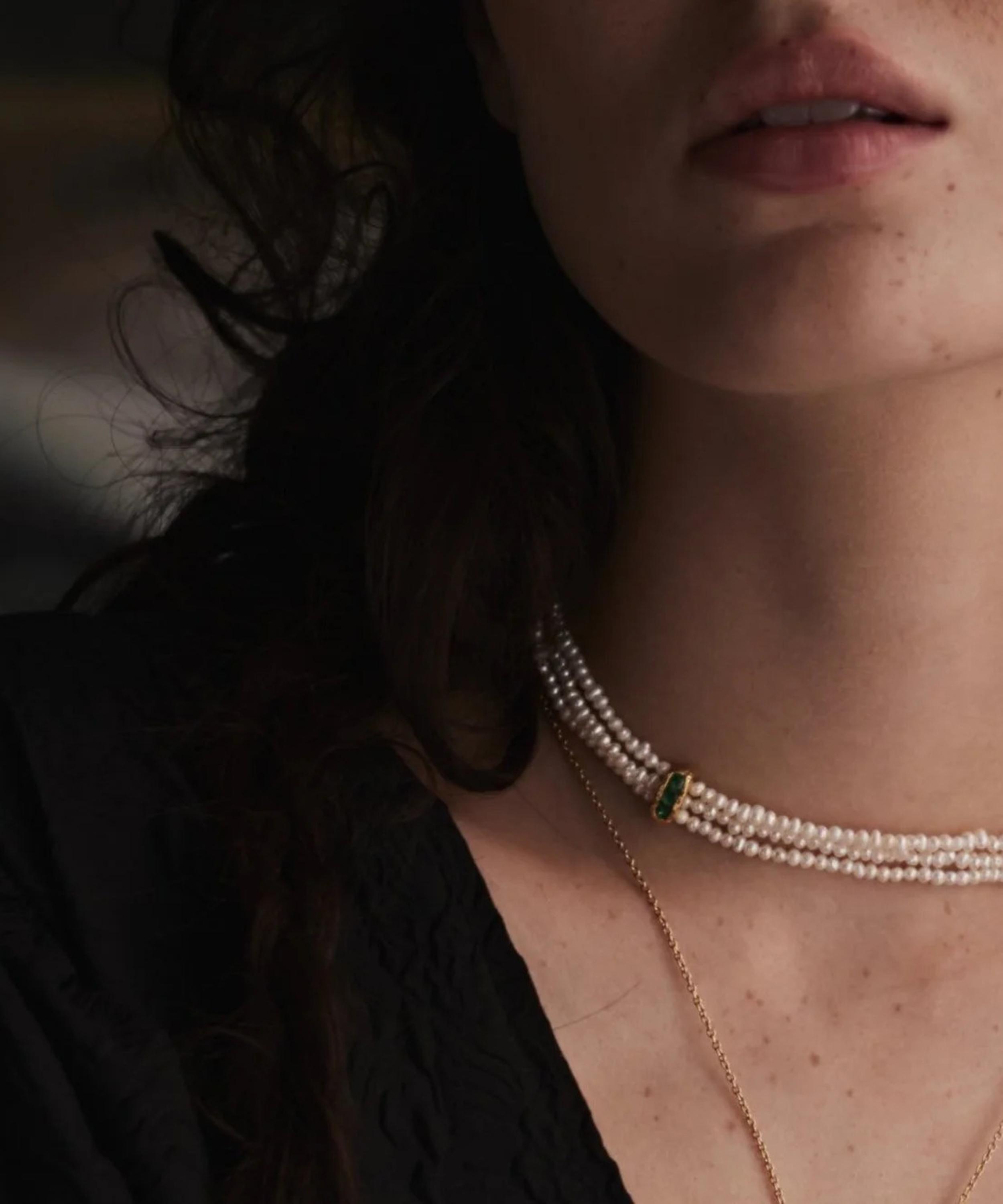 Pacharee - 18ct Gold-Plated Silver Prado Three Strand Pearl and Emerald Choker image number 1