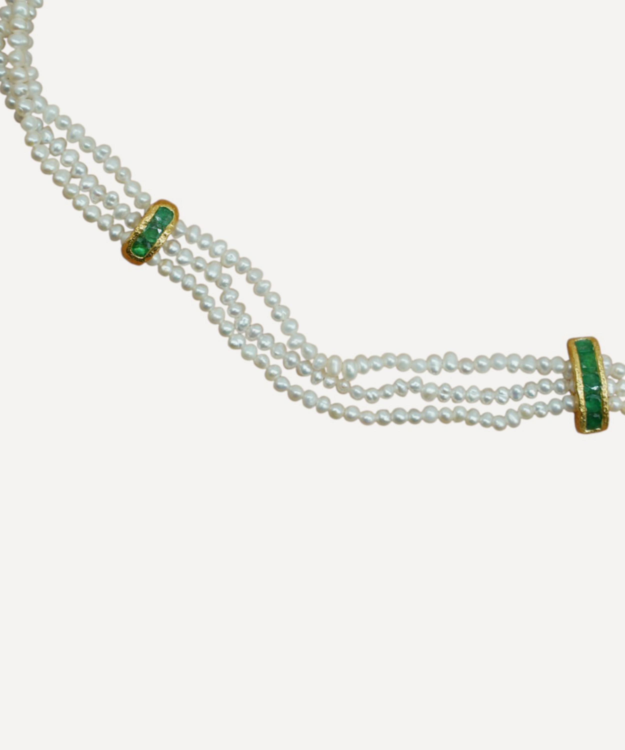 Pacharee - 18ct Gold-Plated Silver Prado Three Strand Pearl and Emerald Choker image number 2