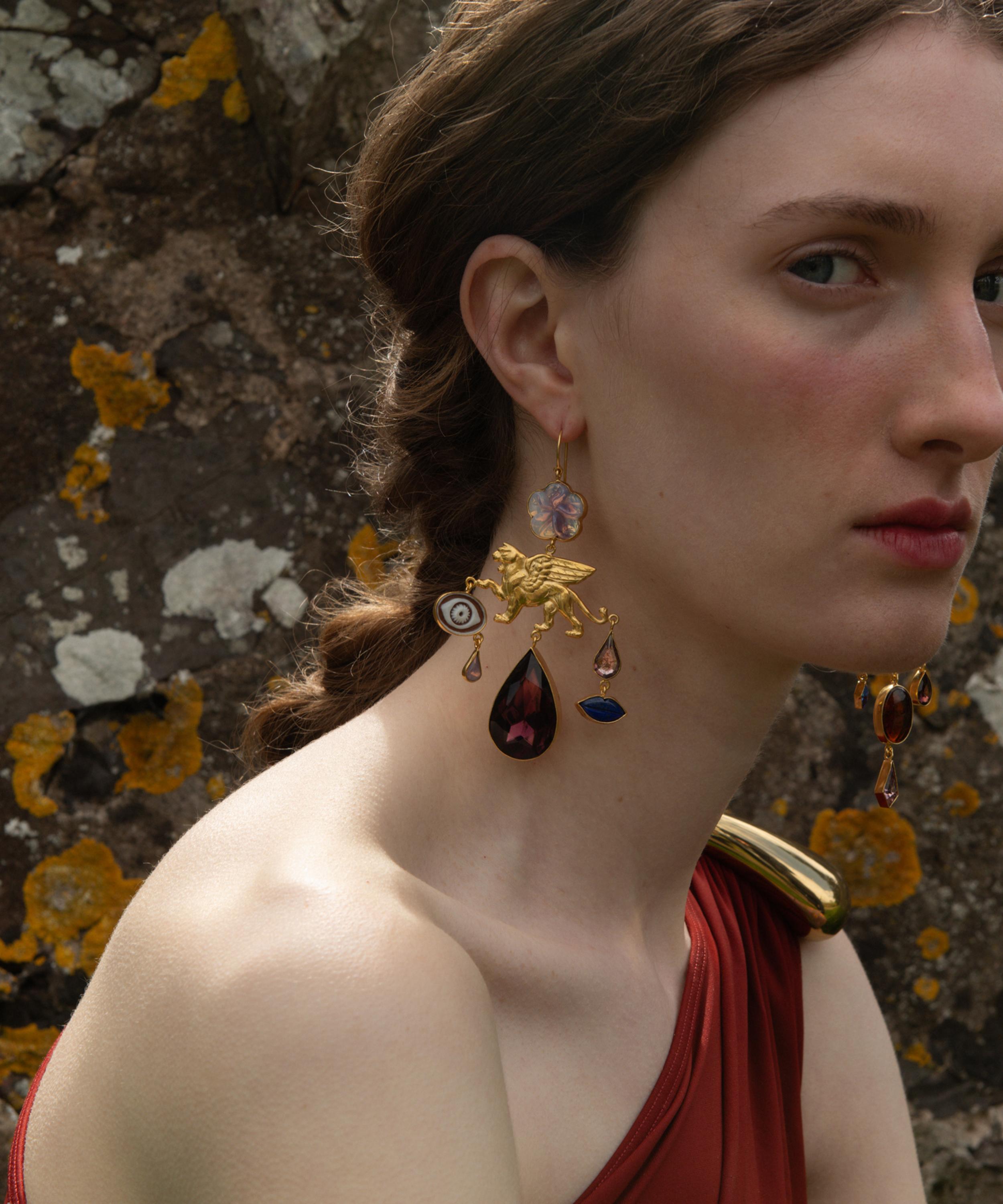 Grainne Morton - 18ct Gold-Plated Winged Lion and Serpent Drop Earrings image number 2