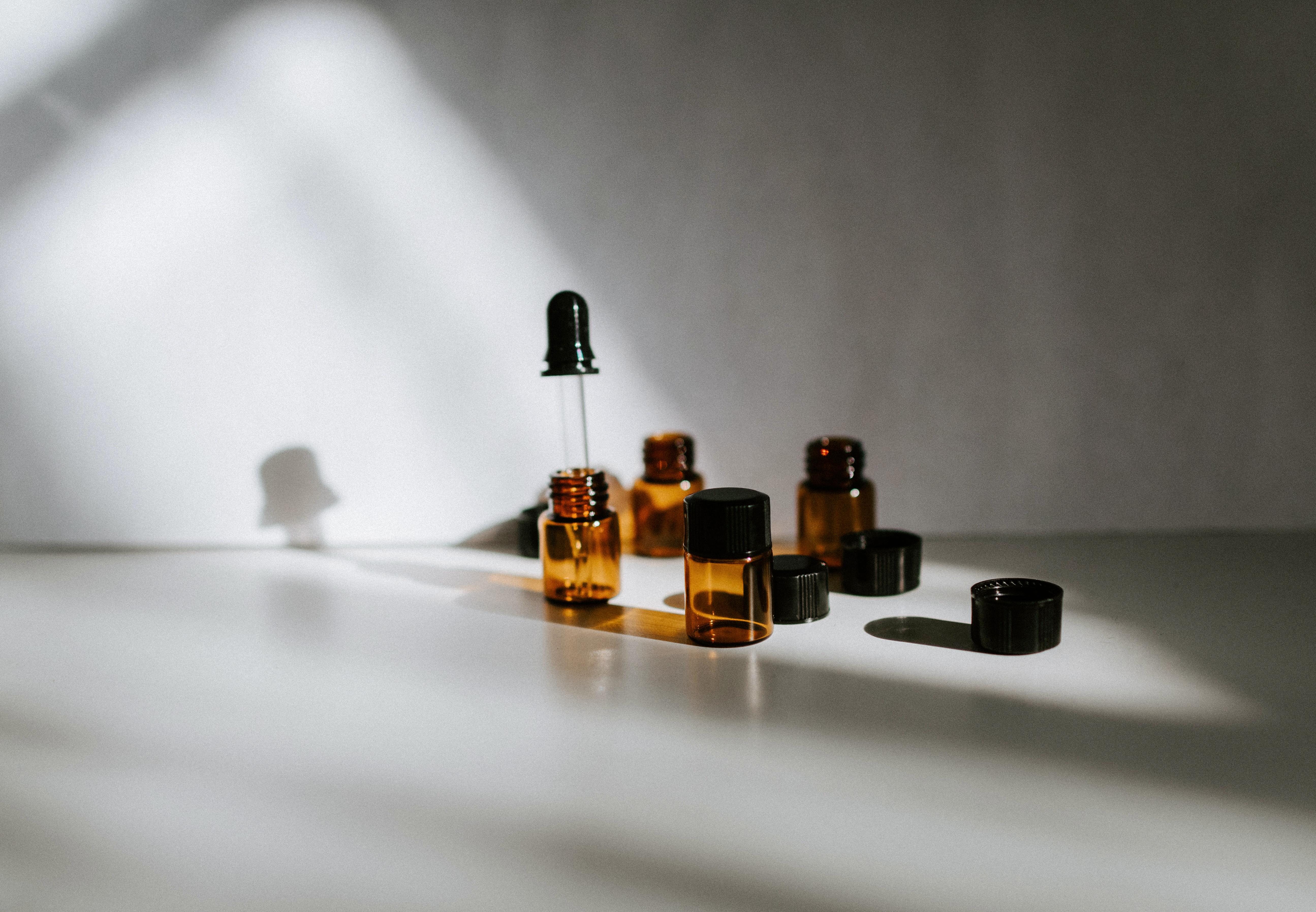 Skincare in tinted glass bottles