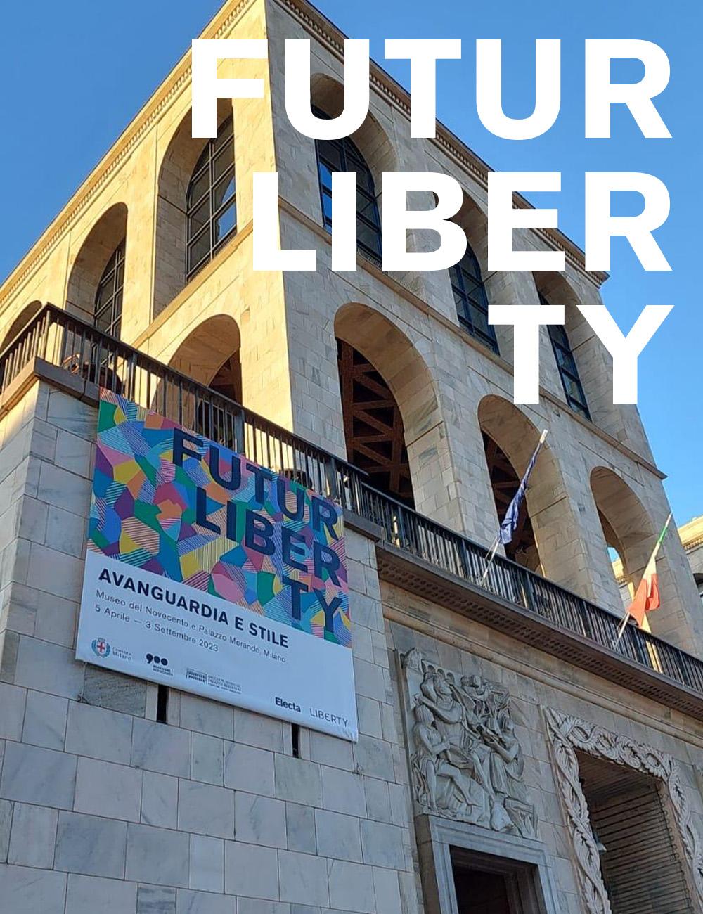 Futurliberty exhibition exterior and logo