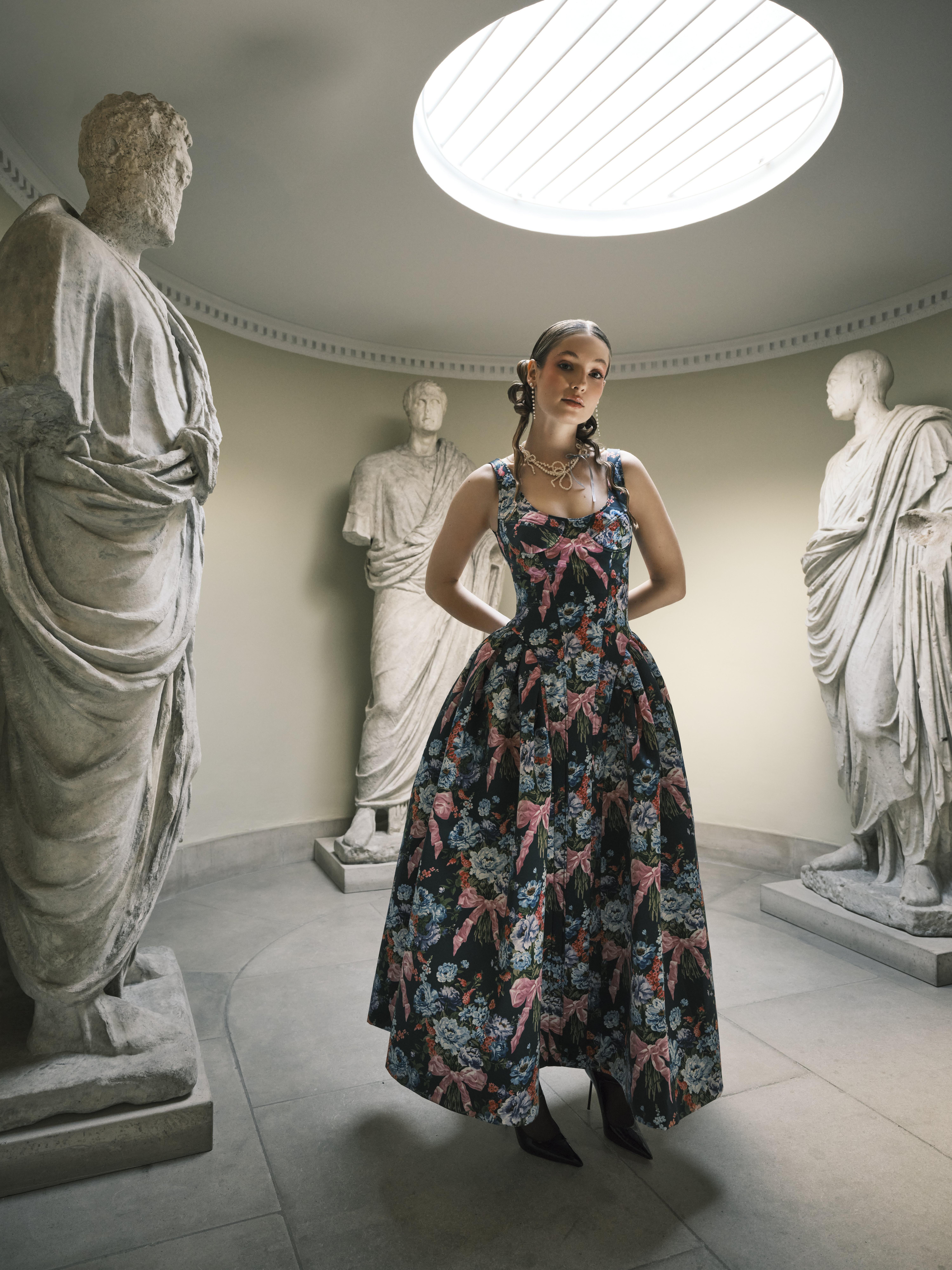 Hannah Dodd in the Huishan Zhang's Liberty Fabrics & Bridgerton creation