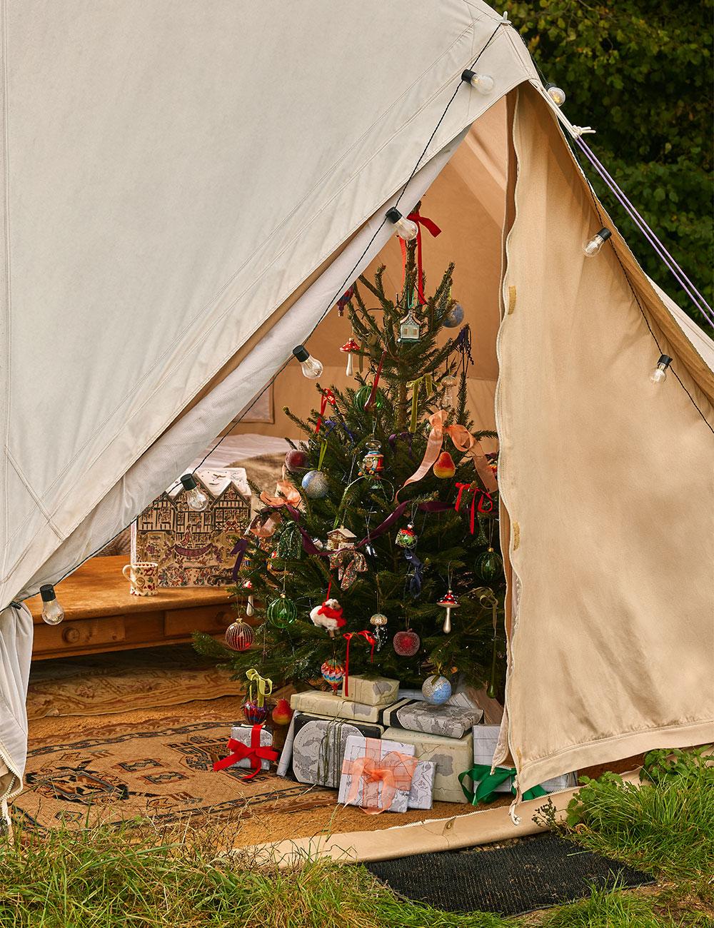 Christmas tree with Liberty baubles in a tent