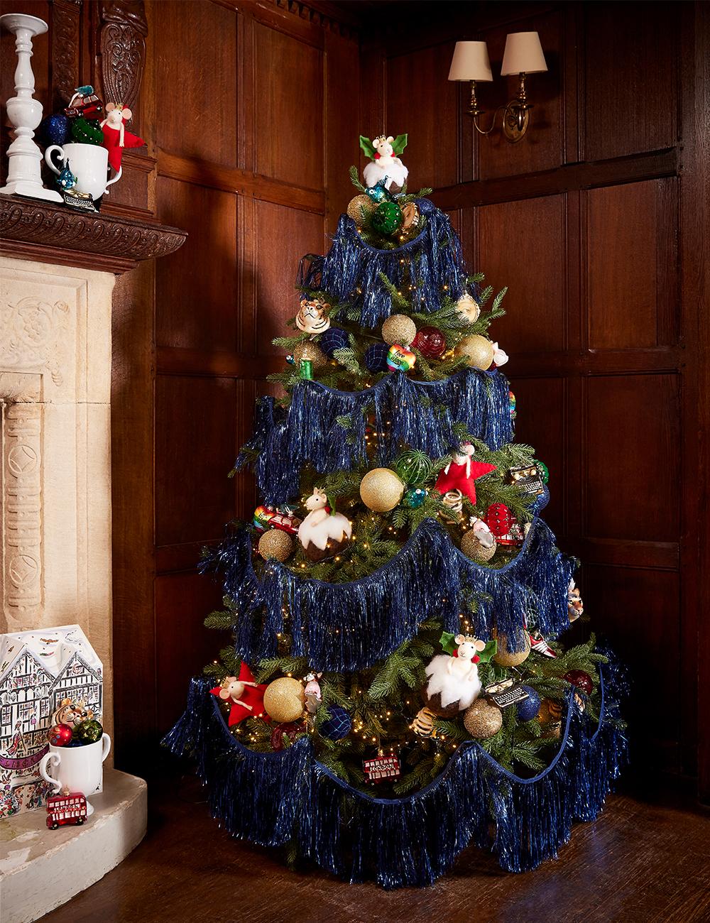 Liberty Christmas tree with tinsel and baubles