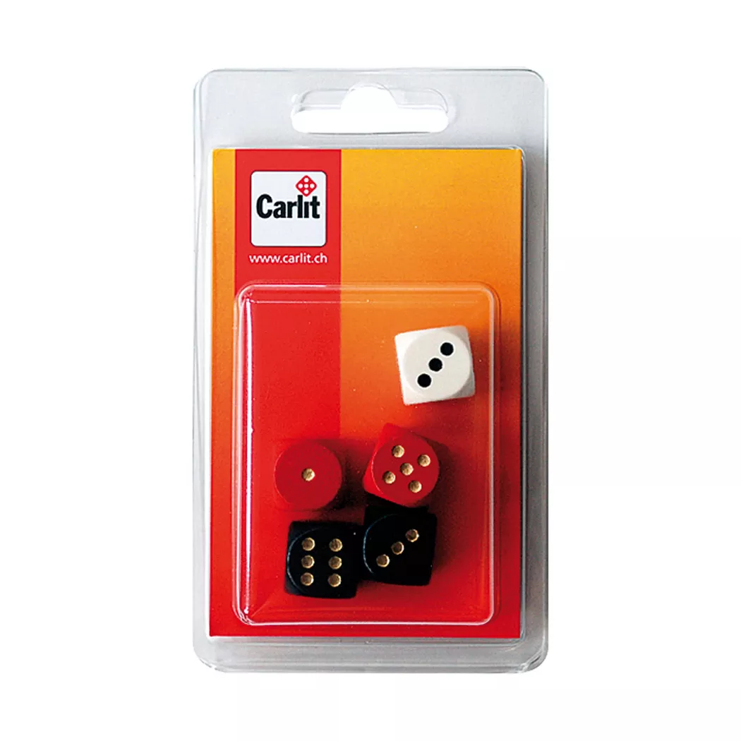 Carlit - 5 Würfel Holz 16mm, rot, schwarz, weiss, Multicolor