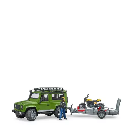 bruder  Land Rover Defender mit Anhänger, Scrambler Ducati Full Throttle und Fahrer Grün