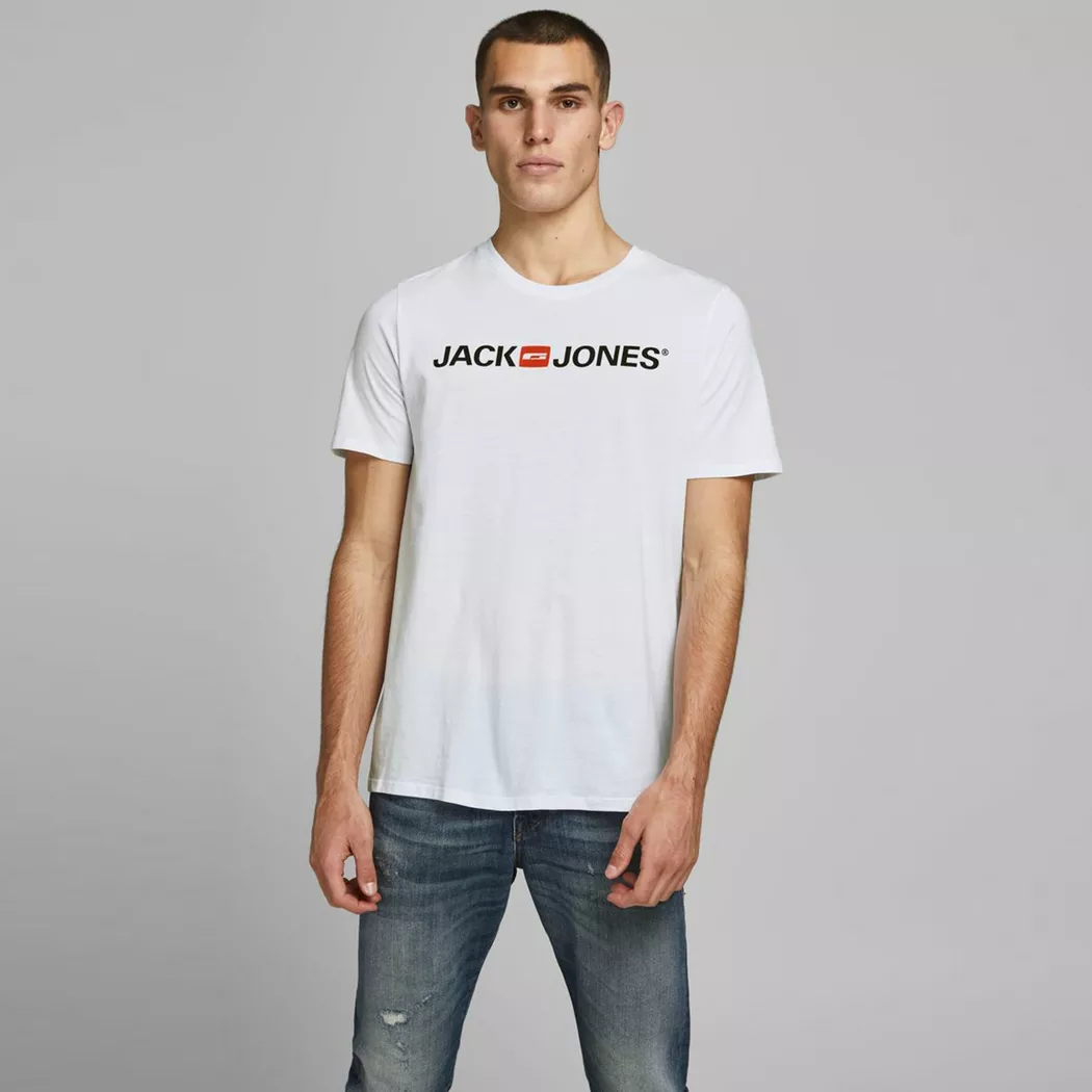 Rundhalsshirt JACK & JONES "JJECORP OLD LOGO TEE SS O-NECK NOOS", Herren, Gr. L, weiß (weiß detail:slim fit), Jersey, Obermaterial: 100% Baumwolle, bedruckt, regular fit normal, Rundhals, Shirts Rundhalsshirt 7