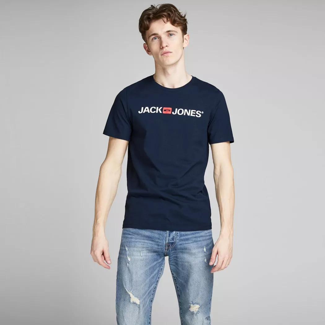 T-Shirt JACK & JONES "JJECORP Herren-Tee mit figurbetonter Silhouette", Herren, Gr. XL, blau (navy), Jersey, Obermaterial: 100% Baumwolle, bedruckt, schmal hüftbedeckend, Rundhals, gerader Abschluss, Shirts T-Shirt, bedruckt, modisch, schmal, Baumwolle, R 2