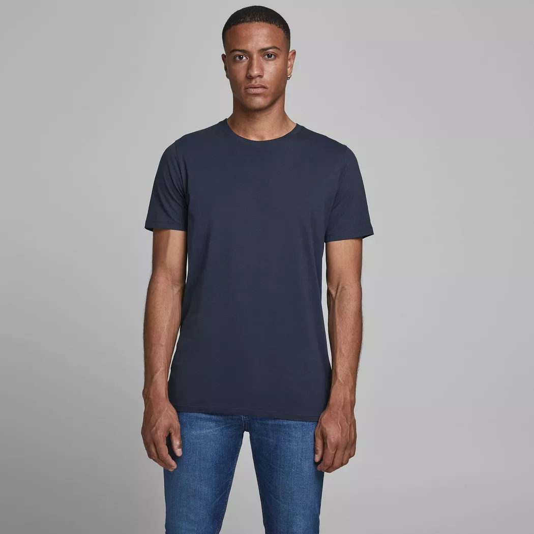 T-Shirt JACK & JONES "JJECORP Herren-Tee mit figurbetonter Silhouette", Herren, Gr. L, blau (navy), Jersey, Obermaterial: 100% Baumwolle, bedruckt, schmal hüftbedeckend, Rundhals, gerader Abschluss, Shirts T-Shirt, bedruckt, modisch, schmal, Baumwolle, Ru