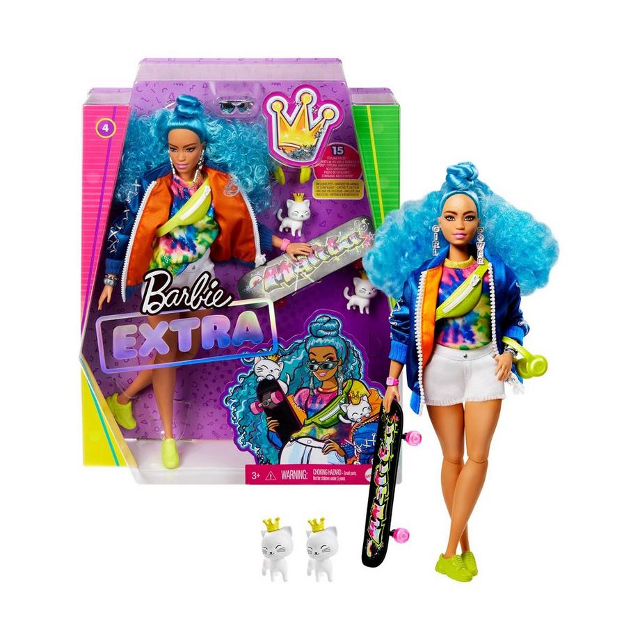 Extra Puppe mit blauen Haaren und Skateboard, inkl. Haustier