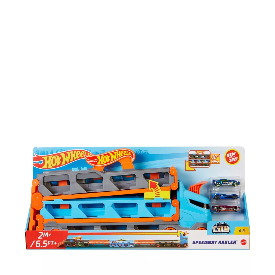Hot Wheels - 2-in-1 Rennbahn-Transporter inkl. 3 Spielzeugautos, Multicolor