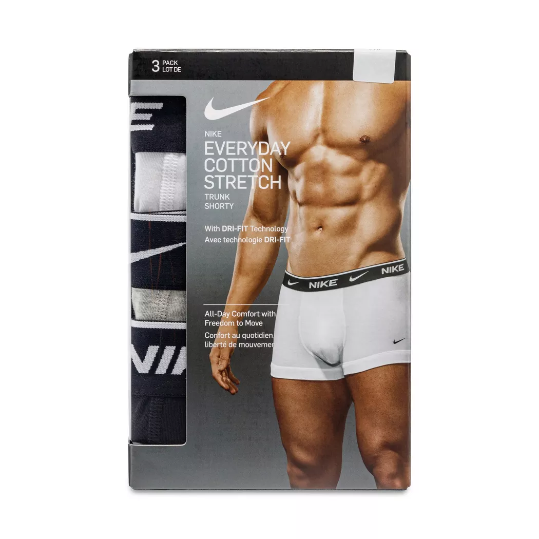 Trunk NIKE UNDERWEAR "TRUNK 3PK", Damen, Gr. L/50, 3 Stk., schwarz-weiß (weiß, grau heather, schwarz), Jersey, Obermaterial: 95% Baumwolle, 5% Elasthan, kontrastfarbene Details, unifarben, körpernah, Unterhosen, mit Logo-Elastikbund