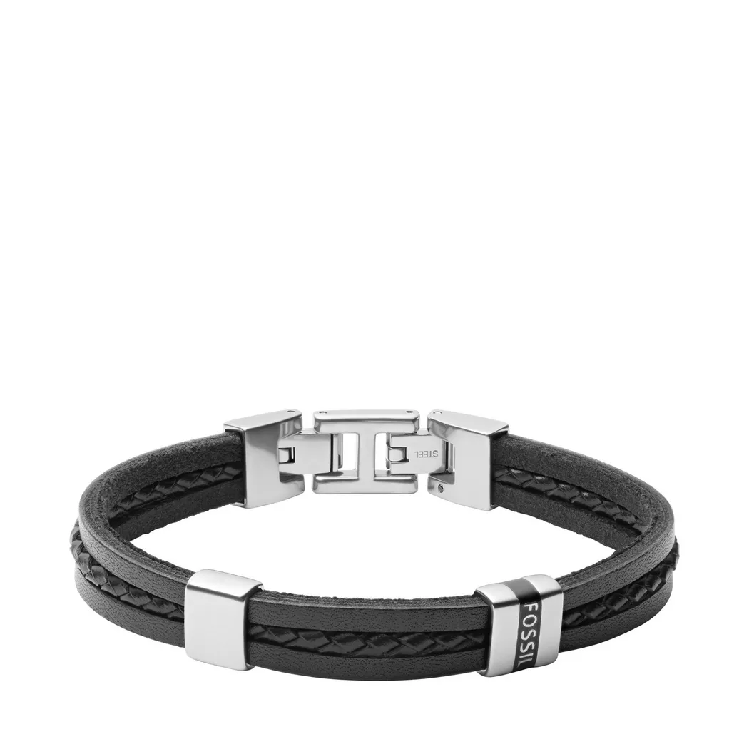 Armband FOSSIL "Schmuck Geschenk Edelstahl Leder VINTAGE CASUAL", schwarz (edelstahlfarben, schwarz), Armbänder, Damen, 19,5cm, Edelstahl Leder, Edelstahl, Leder, Armband 3