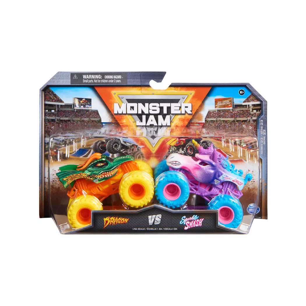 Monster Jam , Official Dragon Vs. Sparkle Smash Die-Cast Monster Trucks, 1:64 Scale, Kids Toys for Boys Ages 3 and up