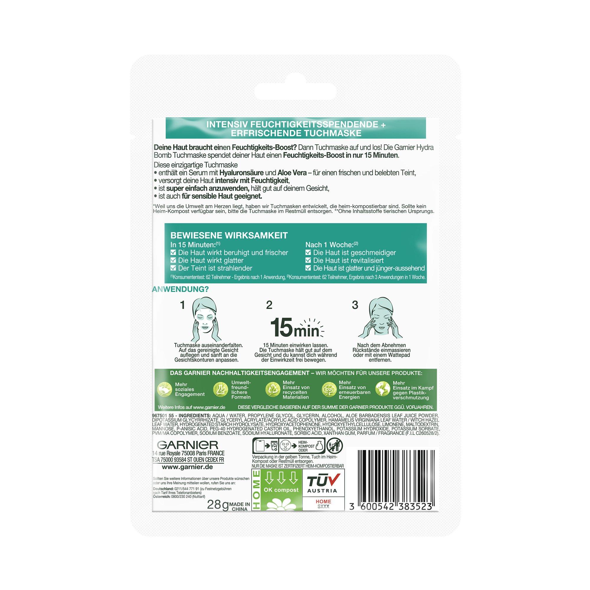 GARNIER  Hydra Bomb Tuchmaske Aloe Vera Für Feuchtigkeitsbedürftige Haut 