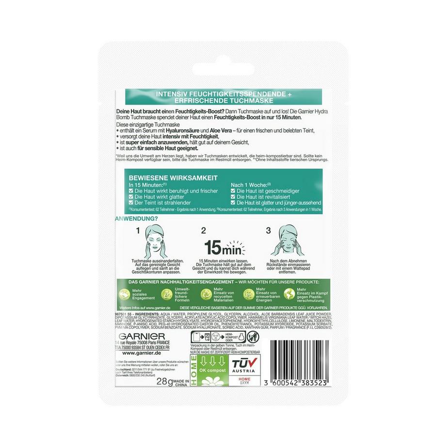 GARNIER  Hydra Bomb Tuchmaske Aloe Vera Für Feuchtigkeitsbedürftige Haut 