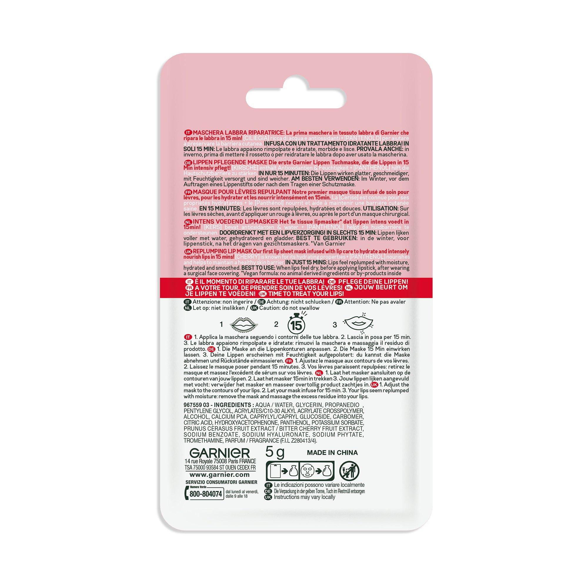 GARNIER SKIN ACTIVE GAR LIP MASK CHERRY SA5GR 542 Masque Tissu pour les lèvres Cerise & Panthénol 