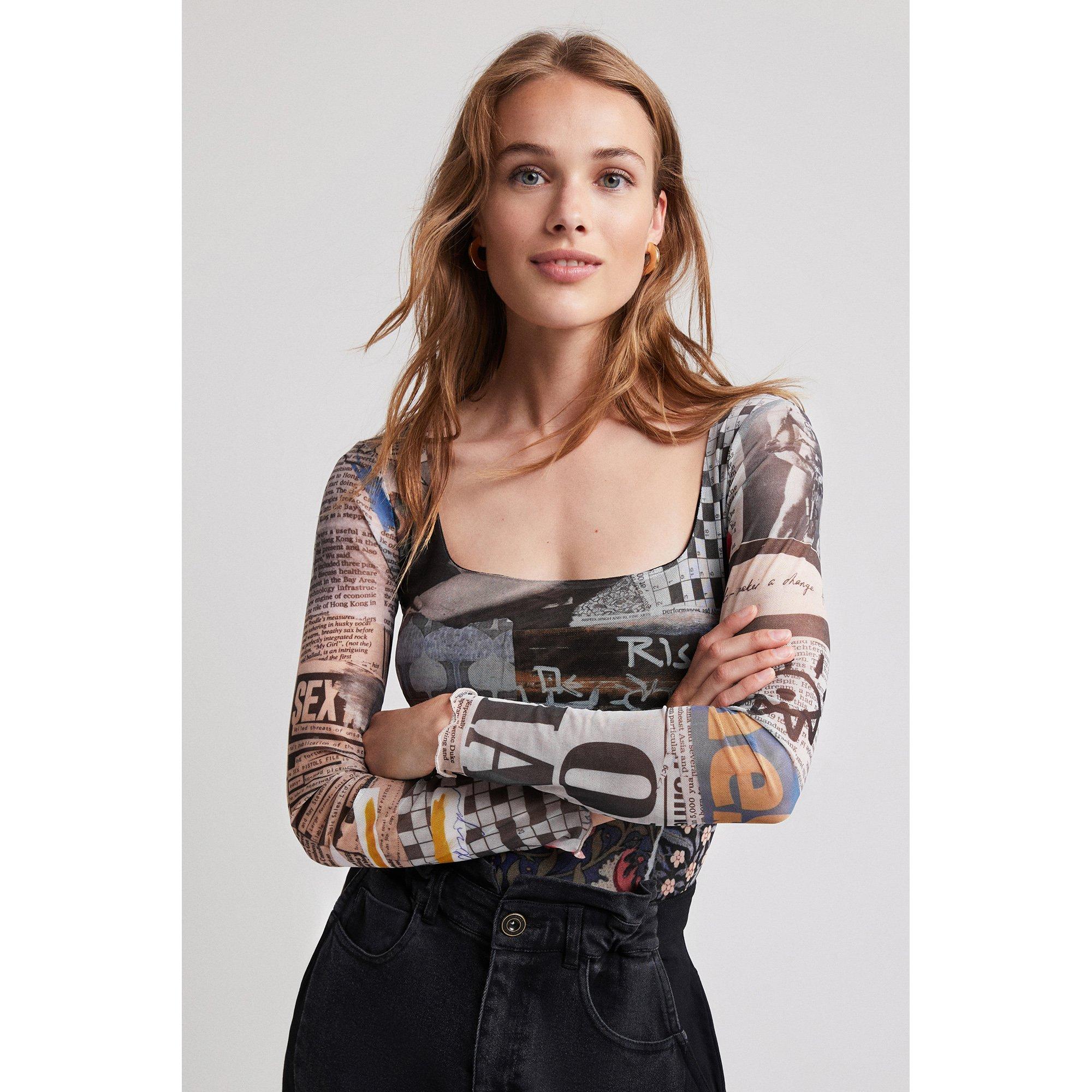 Desigual Body Any News T-Shirt Donna - Stampa Giornale Su Tulle