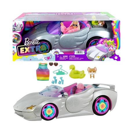 Barbie  Extra auto convertibile (scintille) con pneumatici arcobaleno, accessori 