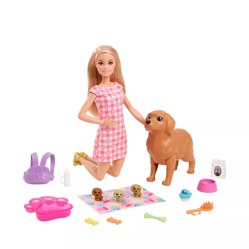Barbie Puppe (blond) mit Hund & Welpen, Set inkl. Zubehör