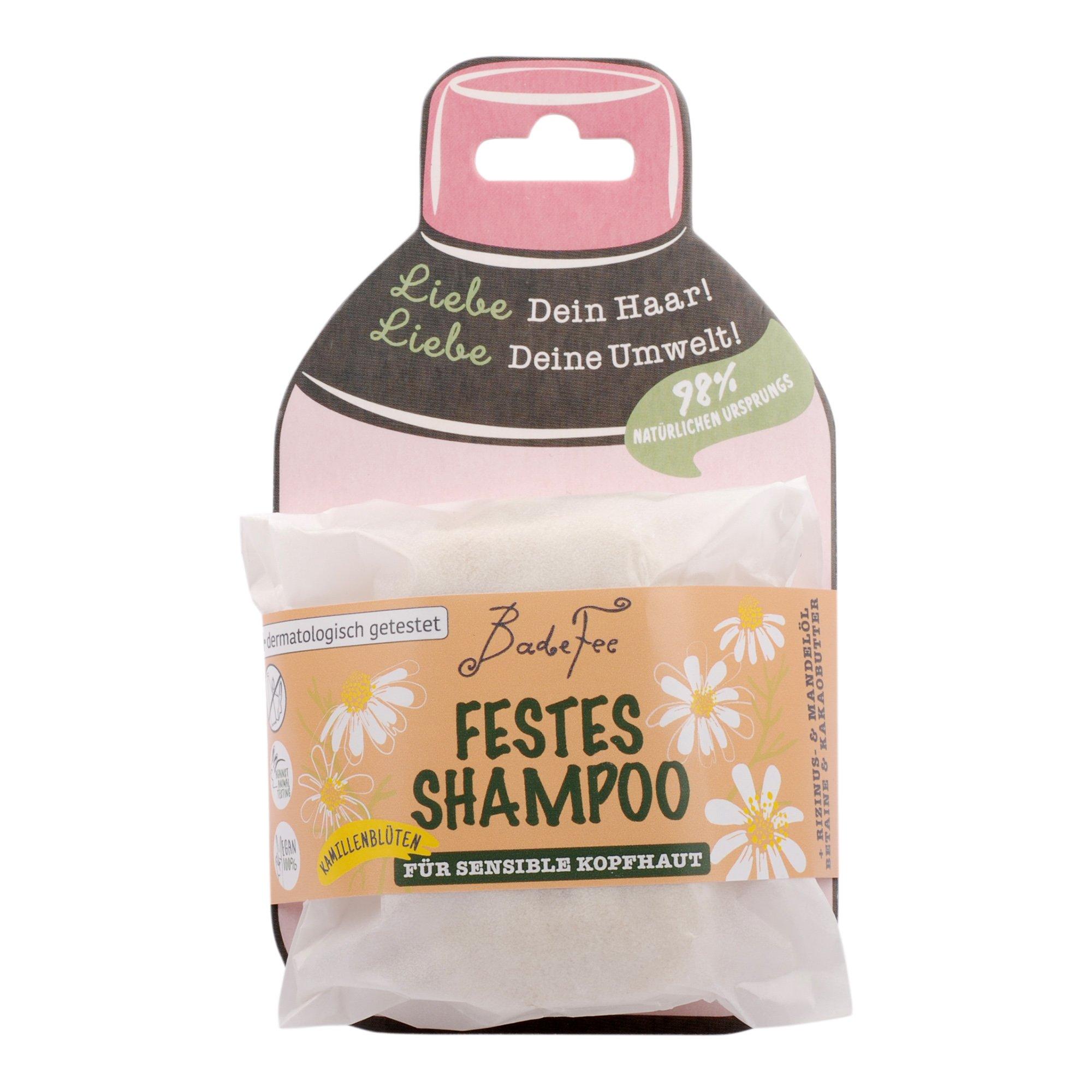 BadeFee Hairliches festes Shampoo 
mit Kamillenblüten und Granatapfel-Extrakt für sensib "Hairy solid shampoo with chamomile  blossoms and pomegranate extract for sensitive scalps" 