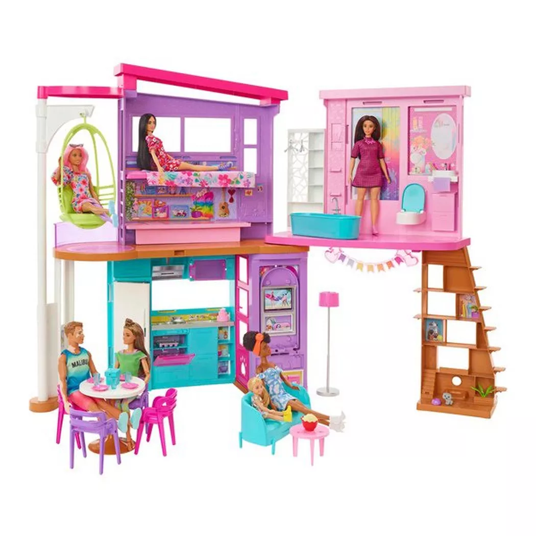 Barbie - Malibu Ferien-Haus (klappbar), Puppenhaus inkl. Möbel & Zubehör, Multicolor