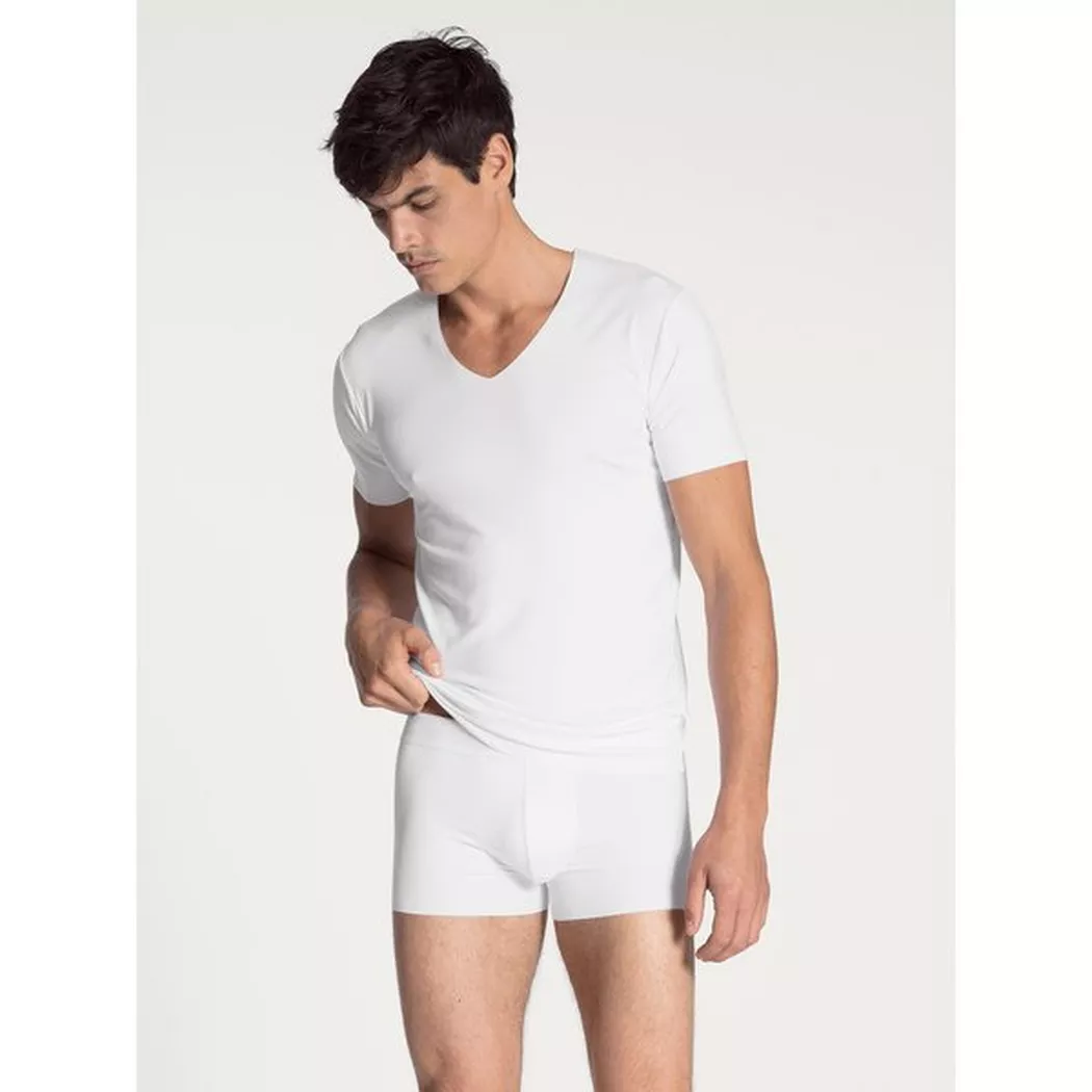 V-Shirt CALIDA "Clean Line", Damen, Gr. XL (56), weiß, Interlock, Obermaterial: 92% Modal (TENCEL™), 8% Elasthan, unifarben, Basic hüftbedeckend, V-Ausschnitt, Shirts, V-Neck, elastisch, Interlock-Qualität, Kurzarm, schnelltrocknend