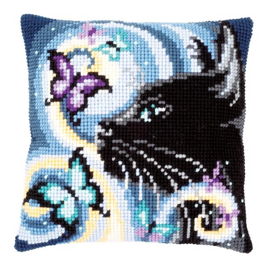 Vervaco Kreuzstichkissen Katze mit Schmetterlingen 