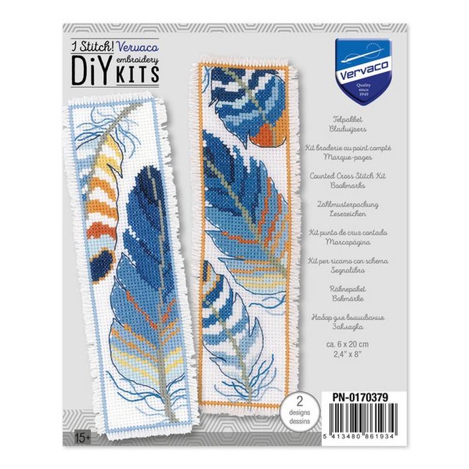 Vervaco Stickpackung Lesezeichenpackung Blaue Federn 2er Set 