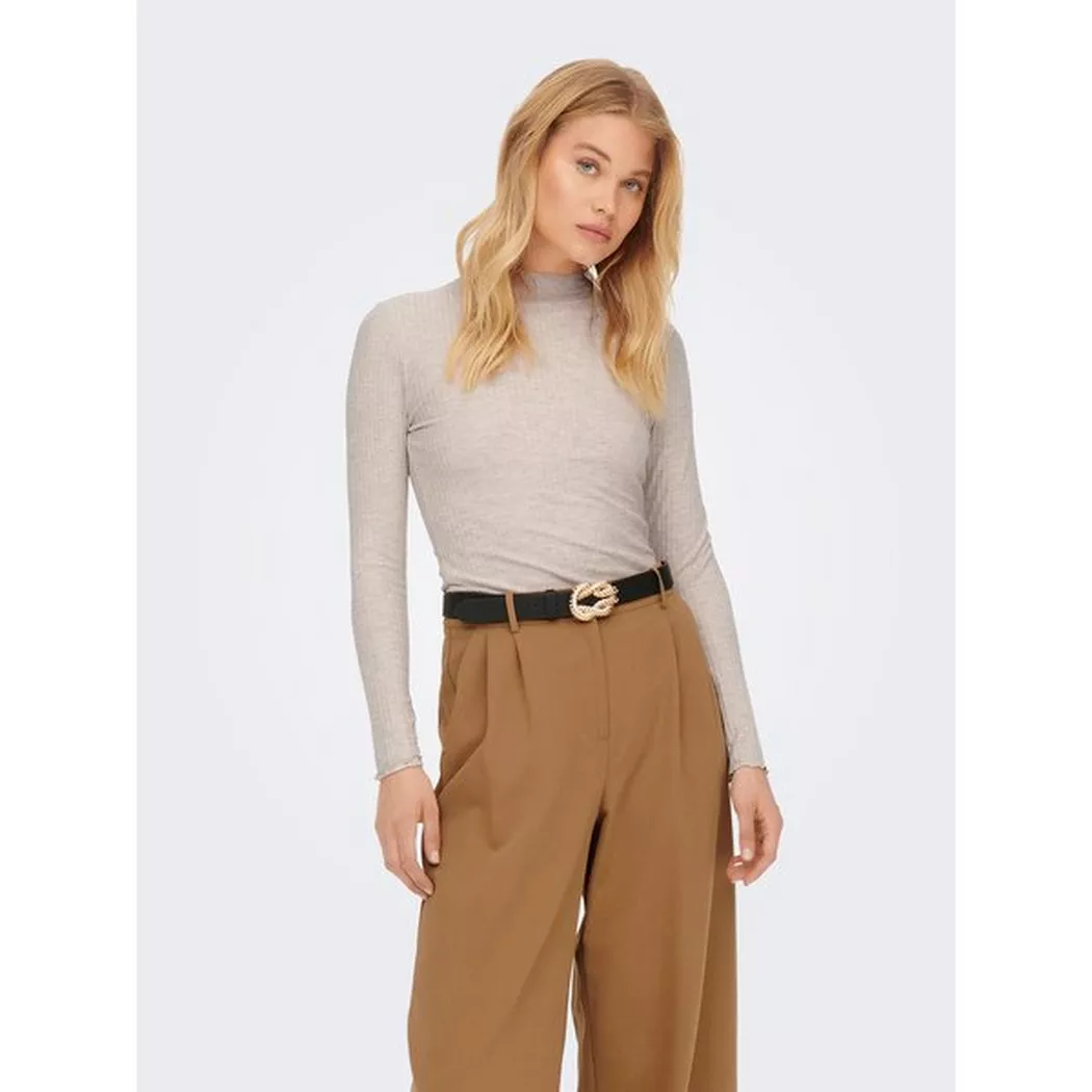 Langarmshirt ONLY "ONLEMMA L/S HIGH NECK TOP", Damen, Gr. S, grau (pumice stone), Rippware, Obermaterial: 65% Polyester, 30% Viskose, 5% Elasthan, unifarben, sehr schmal normal, hoch geschlossener Ausschnitt, gewellter Abschluss, Shirts Langarmshirt, Mate