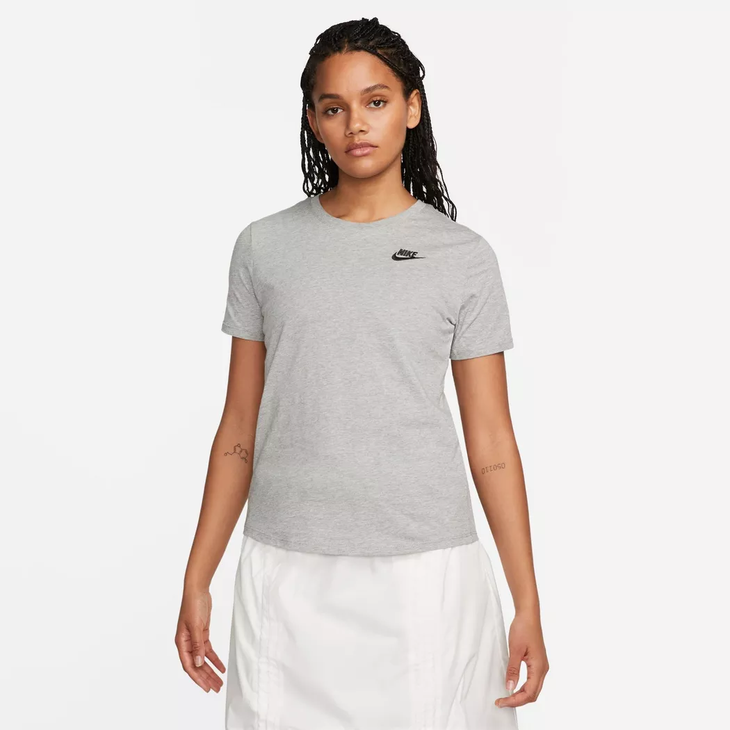 T-Shirt NIKE SPORTSWEAR "W NSW CLUB SS TEE", Damen, Gr. XL, grau (dk grau heather), Jersey, Obermaterial: 100% Baumwolle, normal, Rundhals, Shirts T-Shirt