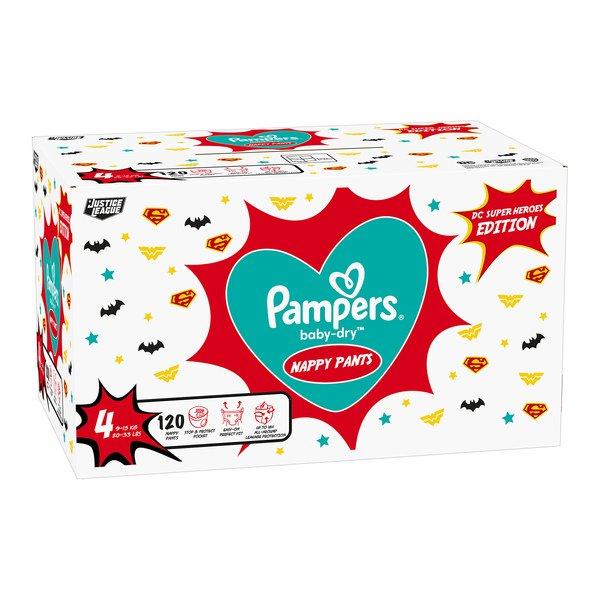 Pampers Baby Dry Pants Gr.4 Maxi 9-15kg Monatsbox Warner Brothers Baby-Dry Superhéros Pants Taille 4, boîte mensuelle, 9kg-15kg, 120 Pcs. 