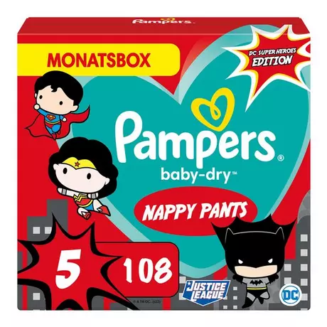 Pampers Baby Dry Pants Gr.5 Junior 12-17kg Monatsbox Warner Brothers Baby-Dry Superhéros Pants Taille 5, boîte mensuelle, 12kg-17kg, 108 Pcs. 