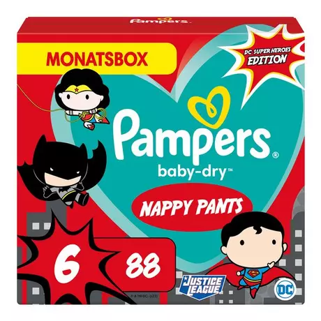 Pampers Baby Dry Pants Gr.6 Extra Large 15+kg Monatsbox Warner Brothers Baby -Dry Superhéros Pants Taille 6, boîte mensuelle, 14kg-19kg