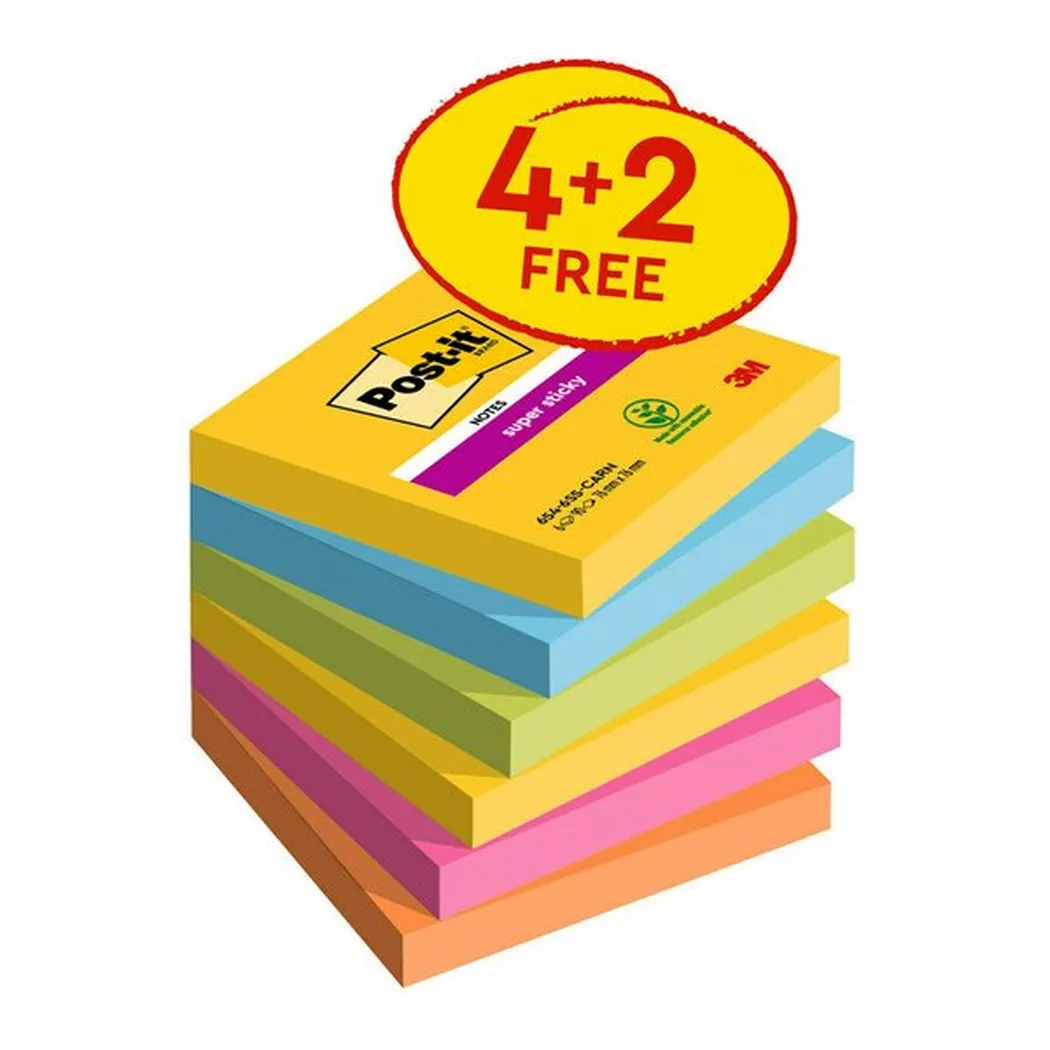 Post-it Pack of 6 Super Sticky Notes 76x76mm 90 Sheets Carnival