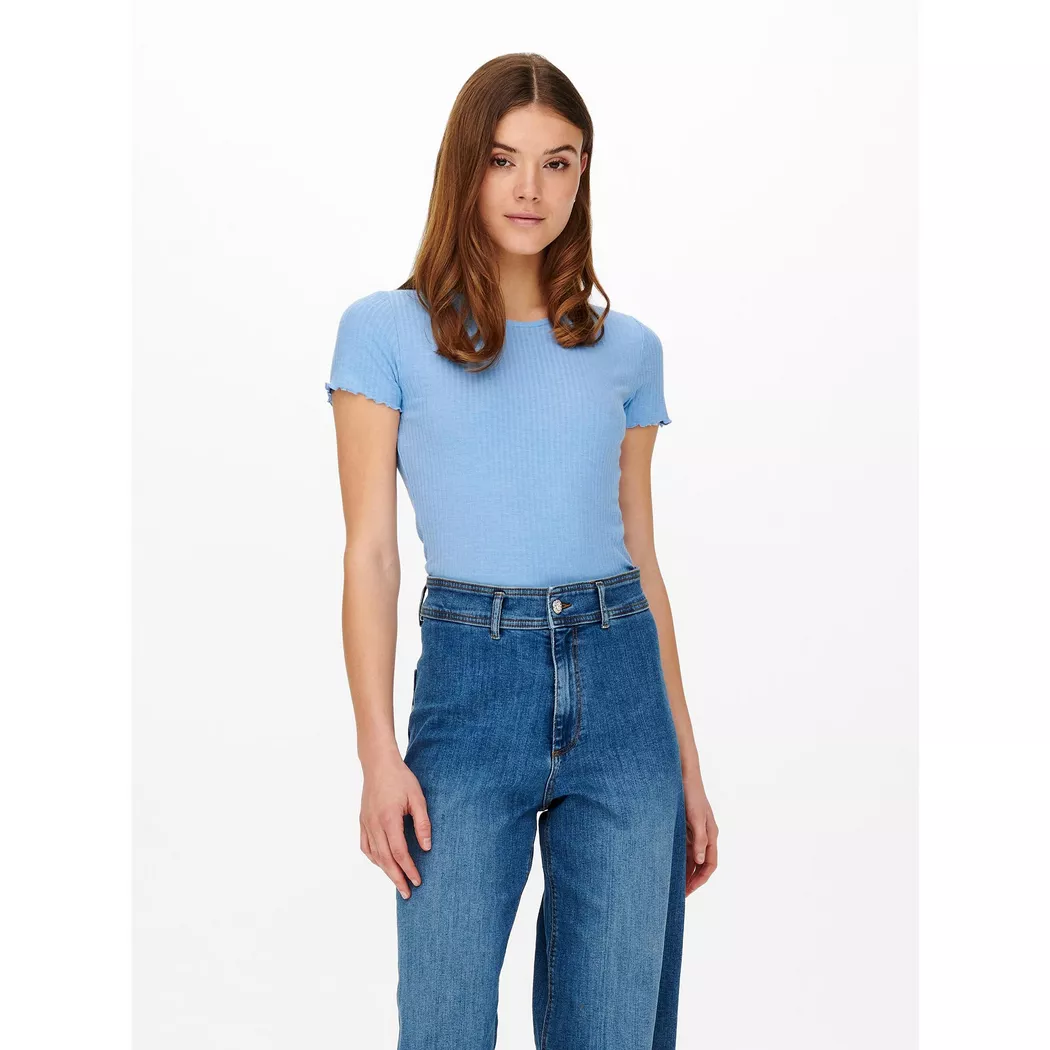 Rundhalsshirt ONLY "ONLEMMA S/S SHORT TOP NOOS JRS", Damen, Gr. L, blau (ultramarine), Jersey, Obermaterial: 63% Polyester, 32% Viskose, 5% Elasthan, unifarben, regular fit kurz, Rundhals, gewellter Abschluss, Shirts Rundhalsshirt, Rundhals, modisch, regu