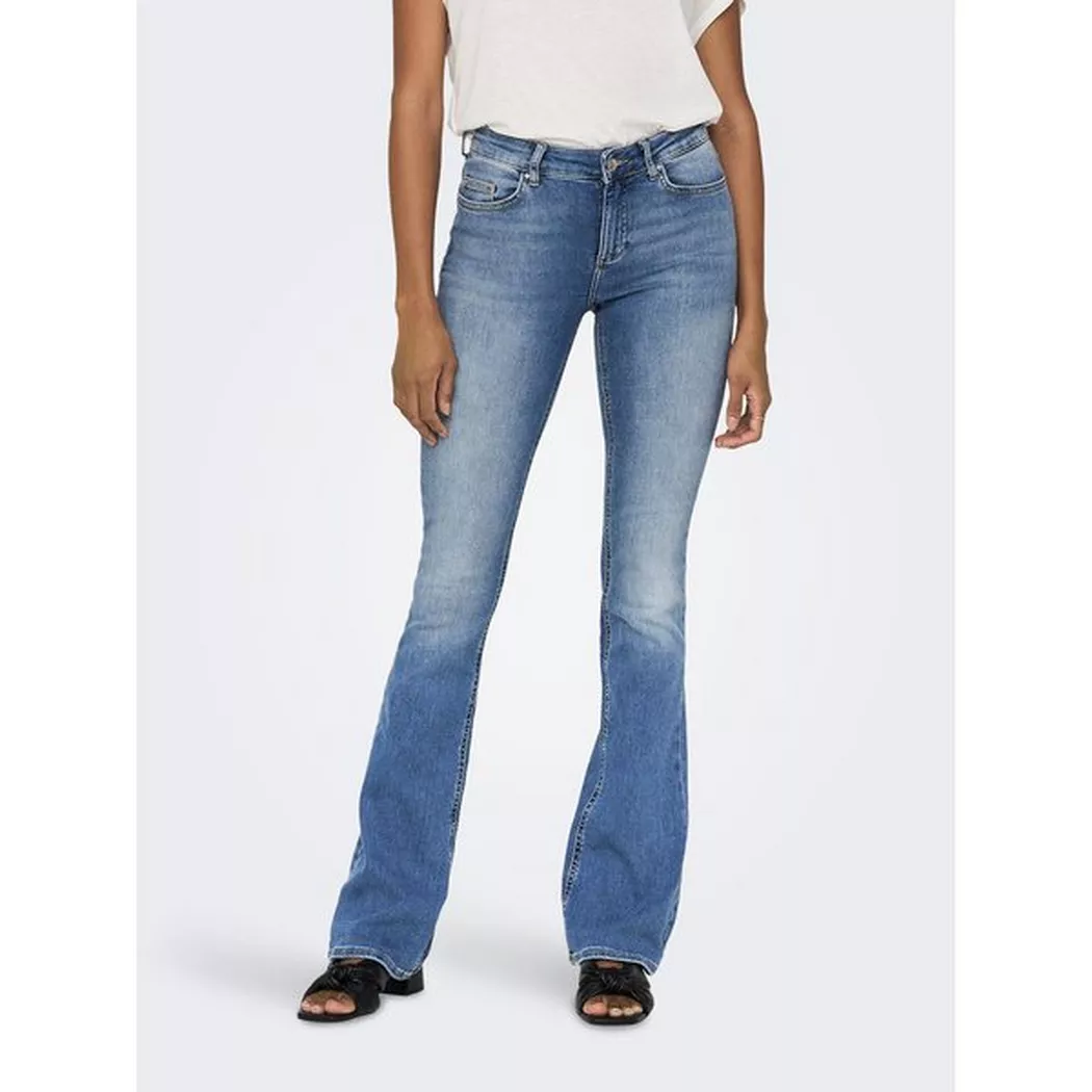 Bootcut-Jeans ONLY "ONLBLUSH – Bootcut-Jeans mit ausgestelltem Bein", Damen, Gr. L (40), Länge 32, blau (light blau denim), Denim/Jeans, Obermaterial: 92% Baumwolle, 6% Polyester, 2% Elasthan, Abriebeffekte, regular fit lang, Jeans, bootcut fit, modisch, 