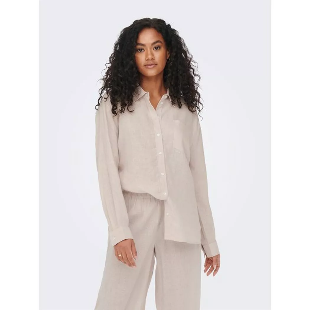 Longbluse ONLY "ONLTOKYO L/S LINEN BLEND SHIRT", Damen, Gr. M, beige (moonbeam), Web, Obermaterial: 55% Leinen, 45% Viskose, unifarben, regular fit, Blusen Longbluse, mit Leinen