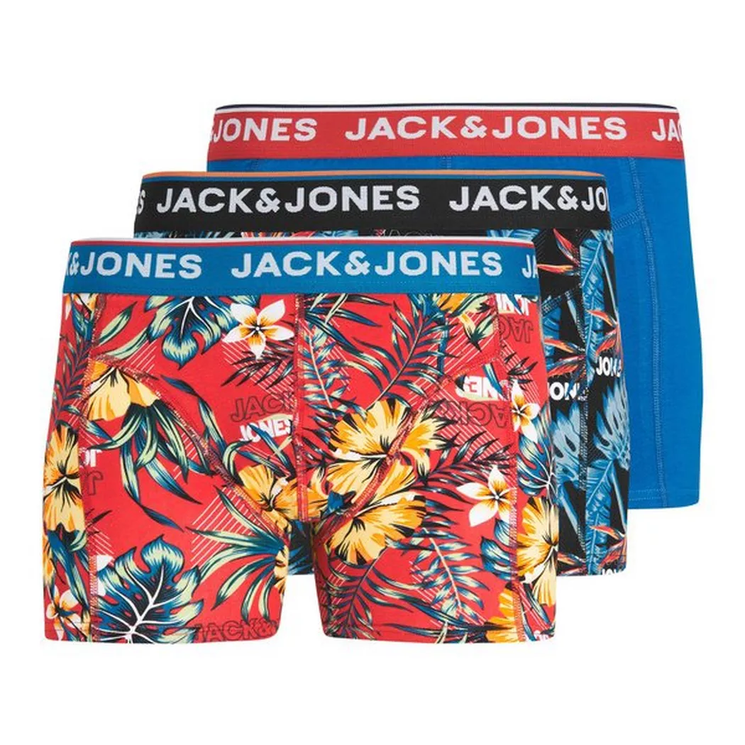 Boxer JACK & JONES "JACCRAZY im Dreierpack mit kontrastfarbenem Bund und Stretchkomfort", Herren, Gr. XL, 3 Stk., blau (schwarz, grau, blau), Jersey, Obermaterial: 95% Baumwolle, 5% Elasthan, unifarben mit Farbeinsatz, Unterhosen, unifarben mit Farbeinsat