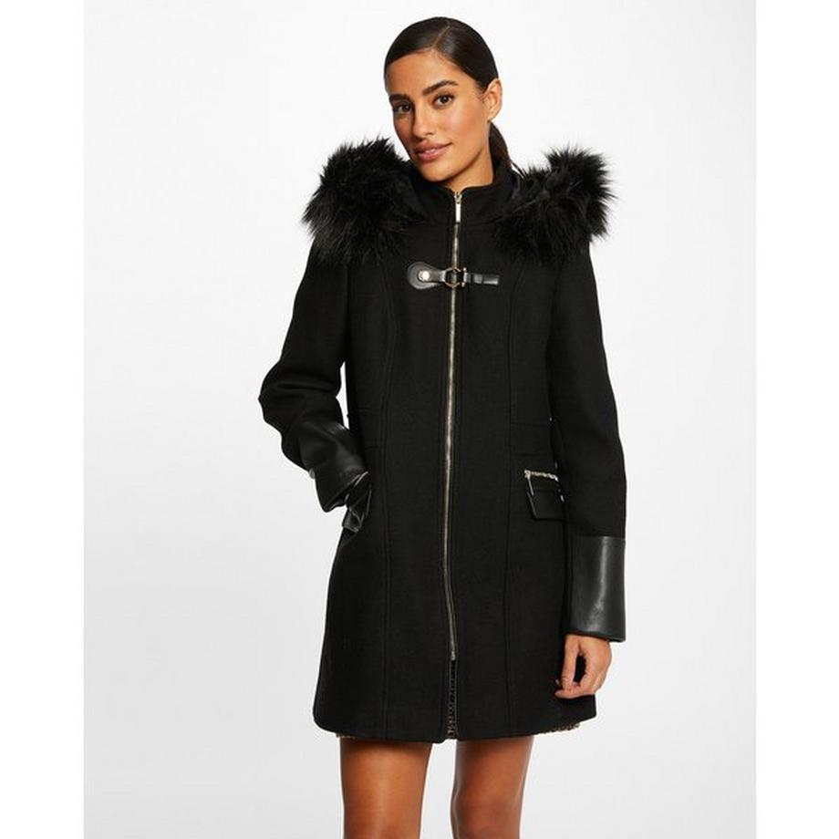 MORGAN Damen Mantel gerader Schnitt mit Kunstfellkapuze  