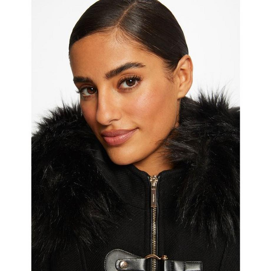 MORGAN Damen Mantel gerader Schnitt mit Kunstfellkapuze  